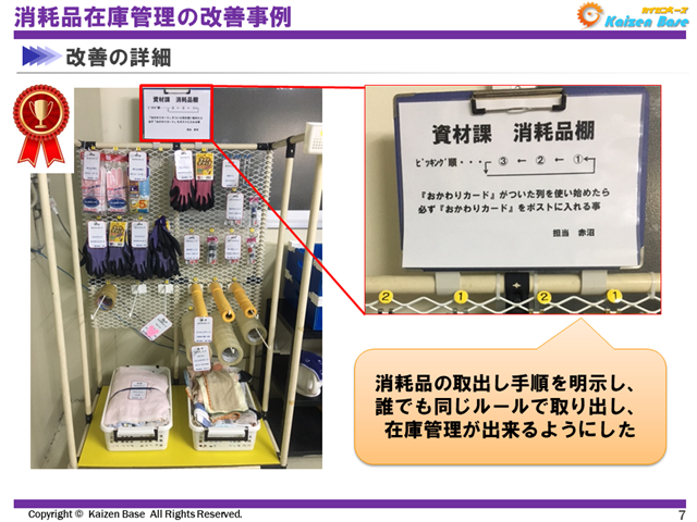 消耗品の取出し手順を明示し、誰でも同じルールで取り出し、在庫管理が出来るようにした