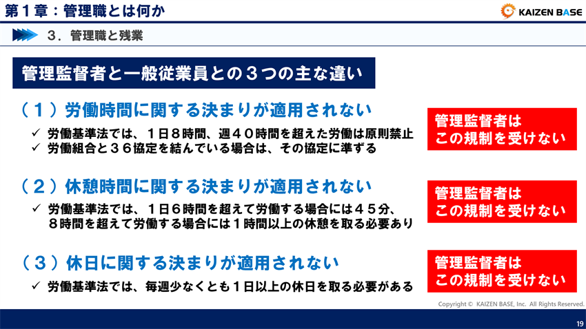 管理監督者と一般従業員との３つの主な違い