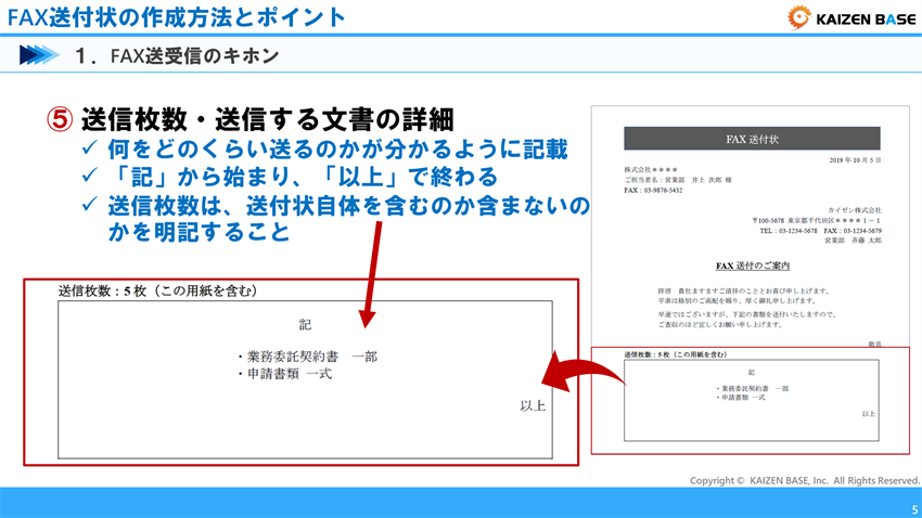 送信枚数・送信する文書の詳細を記載する