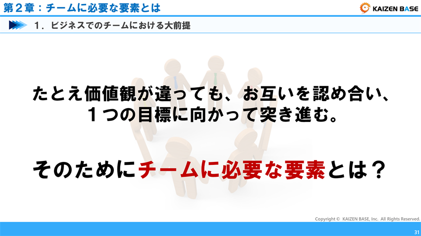 たとえ価値観が違っても、お互いを認め合い、１つの目標に向かって突き進む。