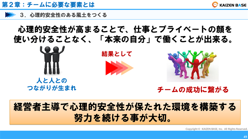 経営者主導で、心理的安全性が保たれた環境を構築する努力を続ける事が大切
