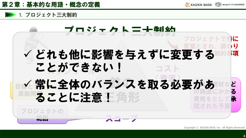 三大制約を中心に、常にプロジェクト全体のバランスを取る必要があることに注意！